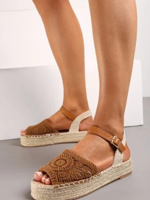 Brązowe Sandały Espadryle z Plecionym Noskiem Peep Toe i Jutową Platformą Drelpa