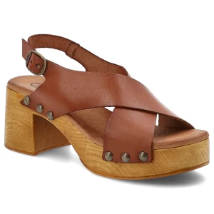 Brązowe Sandały Hee Eleganckie Obuwie Damskie Na Obcasie