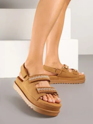 Brązowe Sandały na Niskiej Platformie z Zapięciem na Rzep Zdobione Haftem Soreze givana