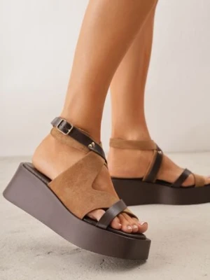 Brązowe Sandały na Platformie i Koturnie z Geometryczną Cholewką i Nitami Amanome ideal