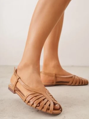 Brązowe Sandały Peep Toe VICES na Płaskiej Podeszwie z Cienkimi Paseczkami Nadalila