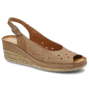 Sandały damskie Pollonus, wykonane ze skóry naturalnej licowej z ażurową perforacją na cholewce wsuwaną konstrukcją z odkrytą piętą i podeszwą na kot