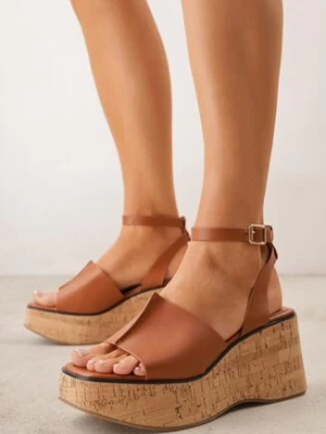 Brązowe Sandały VICES na Koturnie z Imitacji Korka z Paskiem wokół Kostki Kelania