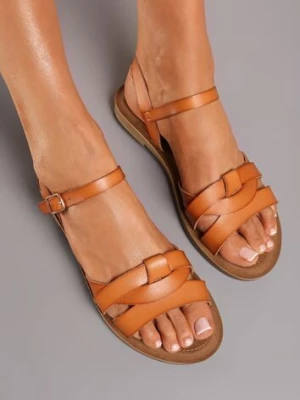 Brązowe Sandały z Imitacji Skóry na Płaskiej Podeszwie Zapinane na Sprzączkę Javera