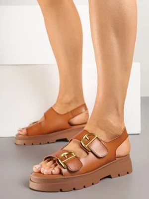 Brązowe Sandały Zdobione Eleganckimi Klamrami na Rzep Lanovia seastar