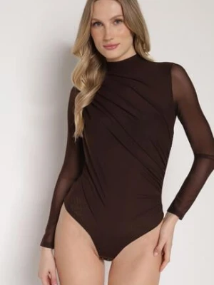 Brązowe Siateczkowe Body z Dodatkiem Wiskozy z Długim Rękawem i Stójką Lianasia