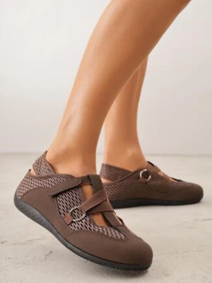 Brązowe Siateczkowe Sneakersy w Stylu Balerinek z Paskiem na Rzep Talenate kang you