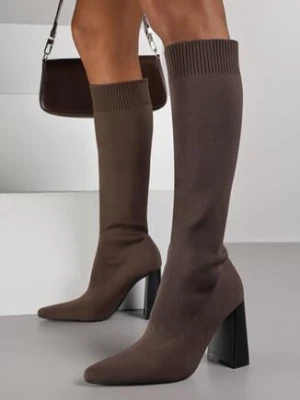 Brązowe Skarpetkowe Kozaki VICES na Geometrycznym Słupku z Noskiem w Szpic Zevra