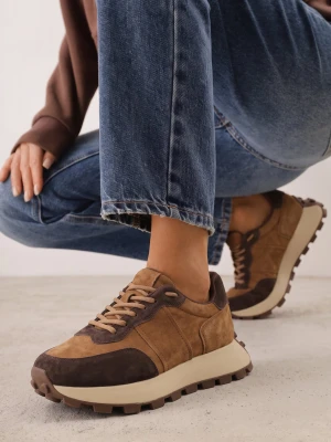Brązowe Skórzane Sneakersy Chunky na Platformie z Bieżnikiem Calmo Goodin