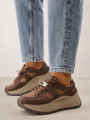 Brązowe Skórzane Sneakersy na Grubej Podeszwie z Paskiem z Metalowym Zapięciem Cirmia Goodin