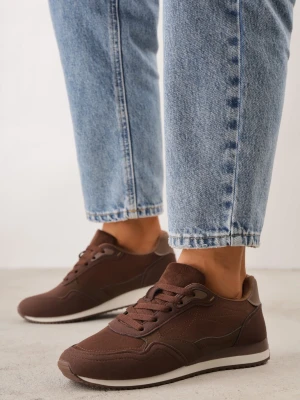 Brązowe Sneakersy Basic z Imitacji Zamszu Ozdobione Przeszyciami Nethe Marquiiz