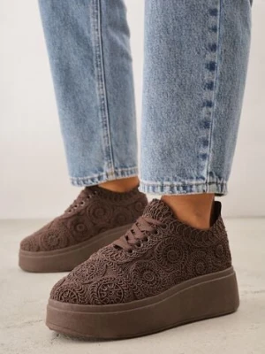 Brązowe Sneakersy Boho na Platformie Zdobione Plecionym Wzorem Abilama c'm paris