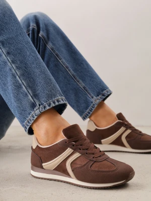 Brązowe Sneakersy Casual z Imitacji Zamszu z Geometrycznymi Wstawkami na Boku Sadiqa Marquiiz