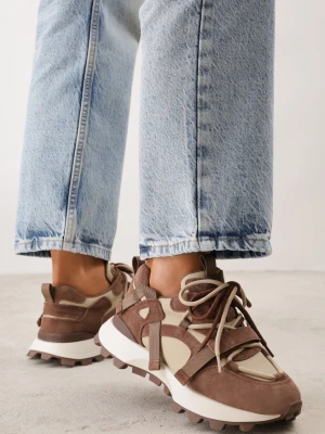 Brązowe Sneakersy na Grubej Podeszwie z Bieżnikiem z Cholewką z Zamszem Naturalnym Ligana Goodin