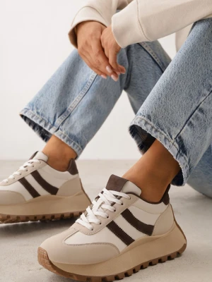 Brązowe Sneakersy na Grubej Podeszwie z Ozdobnymi Paskami Diki Givana