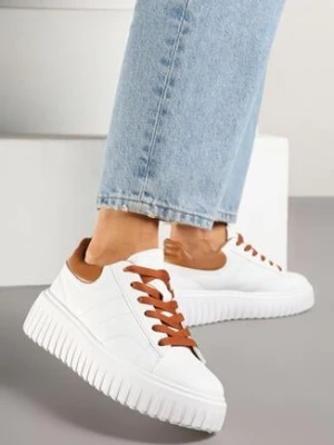 Biało-Brązowe Sneakersy na Grubej Tłoczonej Podeszwie Zdivila renda