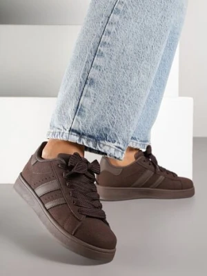 Brązowe Sneakersy na Niskiej Platformie z Naszywkami Flordexia mulanka