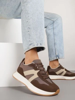 Brązowe Sneakersy na Płaskiej Podeszwie z Geometryczną Wstawką w Panterkę Sewla