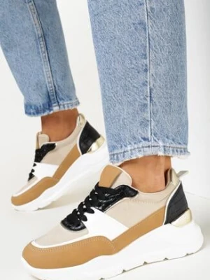 Brązowe Sneakersy na Platformie z Metaliczną Wstawką na Pięcie Jomir