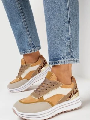 Brązowe Sneakersy na Platformie z Metalicznymi Wstawkami Stovia