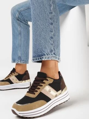 Brązowe Sneakersy na Platformie z Ozdobnymi Wstawkami Nabba