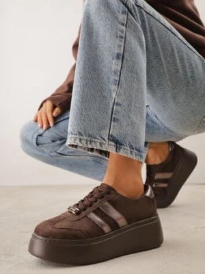 Brązowe Sneakersy na Platformie z Zamszu Naturalnego ze Skórzaną Wkładką Heizeiros goodin