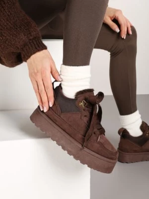 Brązowe Sneakersy na Platformie ze Sznurowaniem Ozdobione Futerkiem Vaivelle