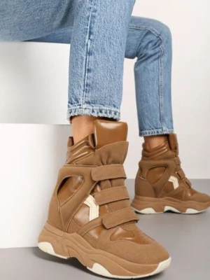 Jasnobrązowe Sneakersy na Rzep i Koturnie Liame