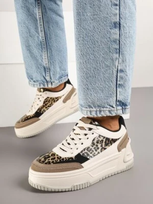 Beżowo-Brązowe Sneakersy na Tłoczonej Platformie Ozdobione Wzorem w Panterkę Deoranae mulanka