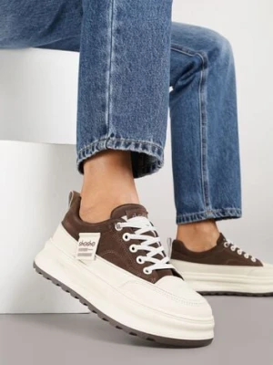 Brązowe Sneakersy na Tłoczonej Platformie Ozdobione Napisami Naliase shosho