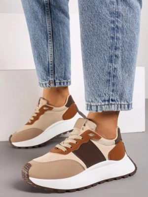 Brązowe Sneakersy przed Kostkę na Platformie z Ozdobnymi Wstawkami Benace