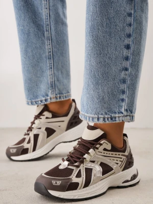 Brązowe Sneakersy Siateczkowe na Piankowej Podeszwie z Ozdobnymi Przeszyciami Faria Mulanka