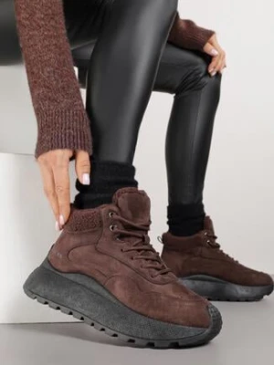 Brązowe Sneakersy Śniegowce Vices na Grubej Podeszwie Ozdobione Futerkiem i Napisem Nelinena