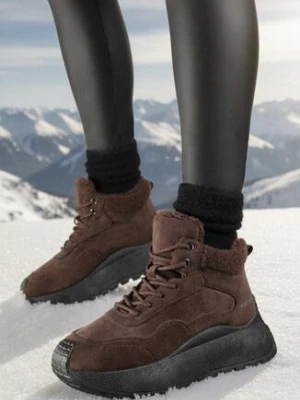 Brązowe Sneakersy Śniegowce Vices na Grubej Podeszwie Ozdobione Futerkiem i Napisem Nelinena