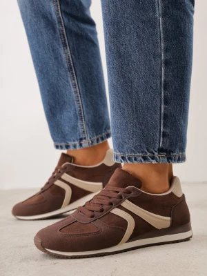 Brązowe Sneakersy Sportowe z Imitacji Zamszu z Geometrycznymi Wstawkami Shanoom Marquiiz