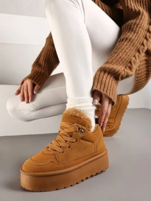 Brązowe Sneakersy Stylizowane na Śniegowce Ozdobione Futerkiem Maviena