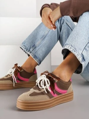 Brązowe Sneakersy Tenisówki na Tłoczonej Platformie Ozdobione Perłami Ashinne be.sport