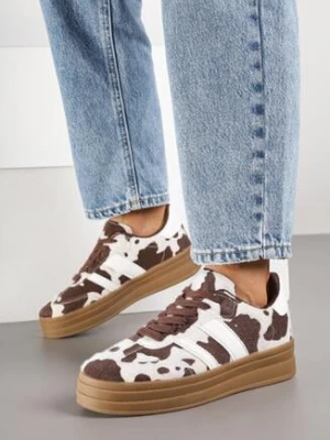 Brązowo-Białe Sneakersy w Krowie Łaty Typu Kultowe Tenisówki na Grubej Podeszwie Nalorela
