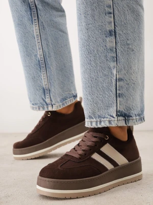 Brązowe Sneakersy Typu Kultowe Tenisówki o Fakturze Zamszu na Platformie Numissa Ideal