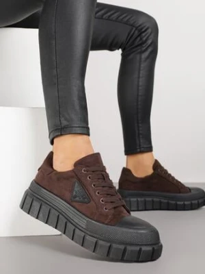 Brązowe Sneakersy Vices na Grubej Podeszwie z Geometryczną Aplikacją Leanae