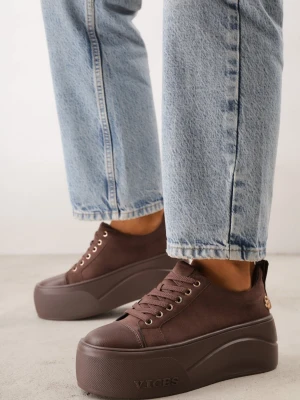 Brązowe Sneakersy VICES na Platformie z Metaliczną Aplikacją i Napisem Beli