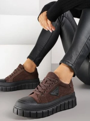 Brązowe Sneakersy Vices na Platformie z Ozdobą i Napisem Leawen