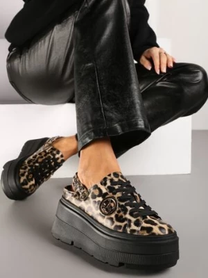 Brązowe Sneakersy Vices na Platformie z Tłoczeniem Paskiem na Pięcie i Metaliczną Aplikacją Ozdobione Wzorem w Panterkę Selfedi