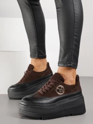 Brązowe Sneakersy Vices na Platformie Zdobione Okrągłą Aplikacją Wodvire