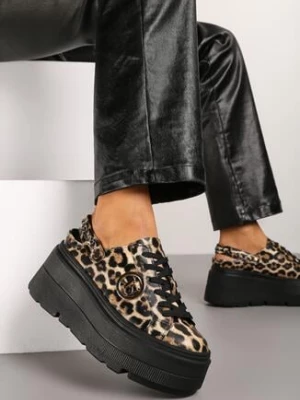 Brązowe Sneakersy Vices w Panterkę na Grubej Tłoczonej Podeszwie z Paskiem na Pięcie i Metaliczną Ozdobą Zenfedi