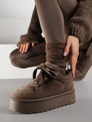Brązowe Sneakersy Vices w Stylu Śniegowców na Platformie z Ozdobnym Futerkiem Nalirea