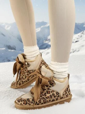 Brązowe Sneakersy Vices w Stylu Śniegowców Ocieplane z Szerokim Sznurowaniem i Wzorem w Panterkę Rennith