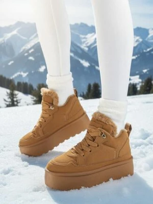 Brązowe Sneakersy Vices w Stylu Śniegowców w Stylu Śniegowców na Platformie z Ozdobnym Futerkiem Nalirea