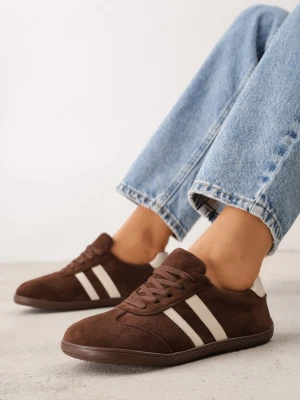 Brązowe Sneakersy w Stylu Barefoot z Szerokim Noskiem z Imitacji Zamszu Ozdobione Paskami Canne Ideal