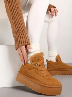 Brązowe Sneakersy w Stylu Śniegowców z Futerkiem na Platformie Mavione